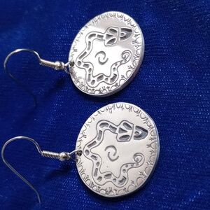 Snake Design On Sterling Silver Round Dangle Earrings  Signed JJ